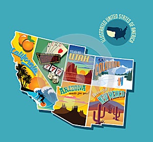 Illustrated pictorial map of Southwest United States. photo