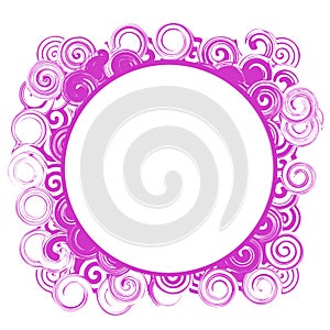 Illustrated pink-violet circular frame decorated with ornaments on a white background