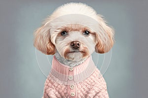 An illustrated portrait of a puppy dog standing upright and posing in an animal sweater, rendered in pastel pink. AI