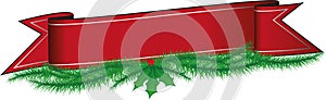 Illustrated Red Christmas Banner with Holly and Pine Needles