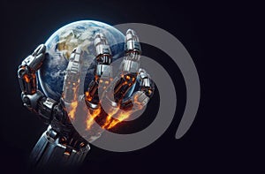 Illustrated robot hand and earth. Planet Under Siege - AI\'s Destructive Power. Robotic Overlords - A World in Ruins. photo