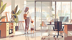 Illustrated scene of a businesswoman at work in her offce with her child, embodying work-life balance