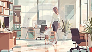 Illustrated scene of a businesswoman at work in her offce with her child, embodying work-life balance