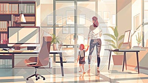 Illustrated scene of a businesswoman at work in her offce with her child, embodying work-life balance