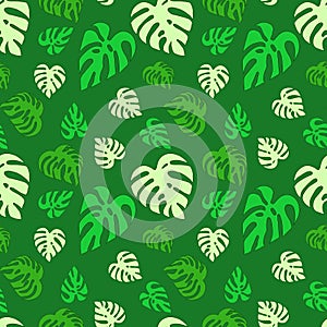 Illustrated seamless abstract pattern with green monstera leaves