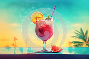 Illustrated summer refreshment by the pool, cold tropical drink, vivid color cocktail.