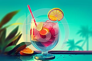 Illustrated summer refreshment by the pool, cold tropical drink, vivid color cocktail.