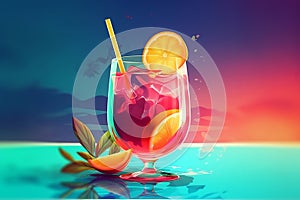 Illustrated summer refreshment by the pool, cold tropical drink, vivid colors