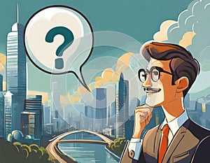 Illustrated thoughtful man with a question mark in a speech bubble against a stylized urban background