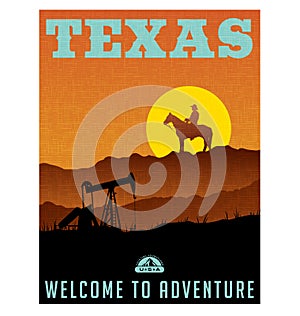 Illustrated travel poster or sticker for Texas, USA