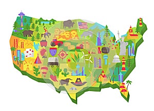 Illustrated USA tourist attraction on the map. United States of America. Set of icons. Showplace flat vector.