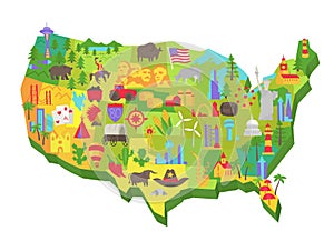 Illustrated USA tourist attraction on the map. United States of America. Set of icons. Showplace flat vector. photo