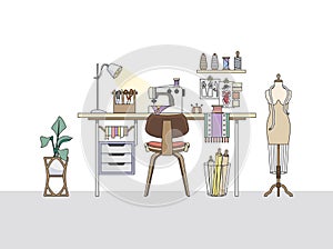 Illustrated workspace of a fashion designer