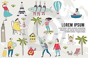 Illustrated World Map template with fun hand drawn characters, plants and elements. Cute color vector illustration