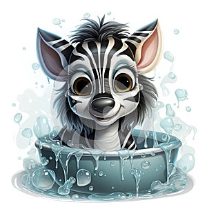 Illustrated zebra foal amidst glistening bubbles, showcasing whimsy and intricate design details.