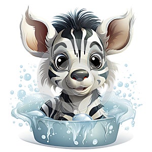 Illustrated zebra foal amidst glistening bubbles, showcasing whimsy and intricate design details.