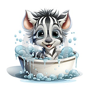 Illustrated zebra foal amidst glistening bubbles, showcasing whimsy and intricate design details.