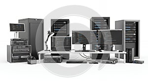 Data Center Server Room with Multiple Computers Monitors and Servers in Racks in White Background for Data Processing