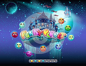 Illustrates an example of loading screen for a computer game on the topic of space and planets cheerful. There is a boot bar.