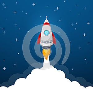 Rocket launch icon on blue sky background