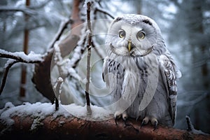 illustratio of a snowy owl in the forest. Generative AI photo