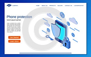 Phone protection, computer security flat 3d isometric vector concept