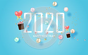 Illustration of 2020 happy new year label design.Holiday on pastel symbol with golden.Graphic Merry Christmas balls golden and