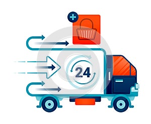 Illustration of 24 hour delivery truck for online shopping packages. Shopping cart with add button for checkout and payment.
