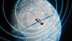 Illustration 3D abstract animation of satellite in orbit transmitting signal to Earth planet