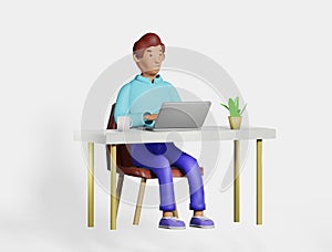Illustration 3D character man at the desk office, home working using laptop.Smiling character freelancer, businessman