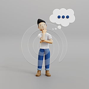 Illustration of a 3d character wearing a plain white t-shirt and casual blue pants, depicting an expression of thinking