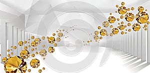 Illustration of 3D crystal golden crystal ball Jewelry  pattern on decorative background 3D tunnel wallpaper. Graphical modern mur