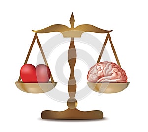 Illustration with 3d heart and brain on isolated balance