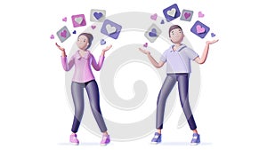Illustration of 3d man and woman with social media hearts