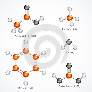 Illustration of 3d molecular structure, ball and stick molecule model acetic acid, methane, water, benzene, carbonic acid,