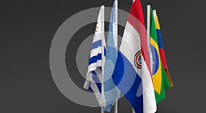 Illustration 3d render, Flags of the five countries of the Mercosul economic bloc