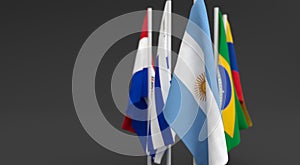 Illustration 3d render, Flags of the five countries of the Mercosul economic bloc