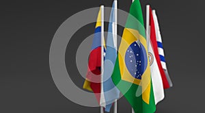 Illustration 3d render, Flags of the five countries of the Mercosul economic bloc