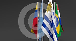 Illustration 3d render, Flags of the five countries of the Mercosul economic bloc