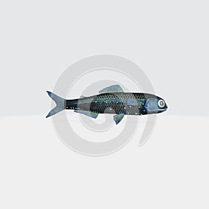 Illustration of a 3D rendering of a black and blue-colored fish on a white background