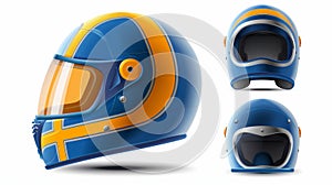 An illustration of a 3D retro blue helmet with yellow visor and glasses in front, back, and angle views isolated on a