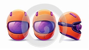 An illustration of 3D retro orange helmet with purple visor and glasses viewed from front, back, and angle on a white