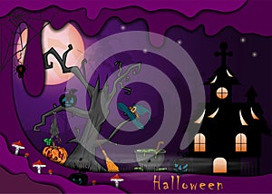 Illustration on 4 all saints day eve holiday theme, Halloween background design in 3D paper cut style