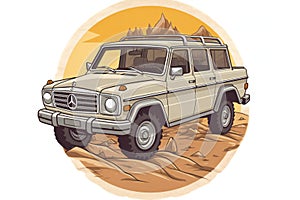 Illustration of a 4x4 vehicle in the desert on a white background