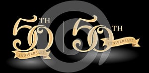 Illustration of 50th tag Label Golds anniversary with ribbon, isolated black backgrounds. applicable for banners, greeting cards,