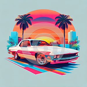 Illustration 80s style of a car parked on the street in Miami at sunset created with generative ai