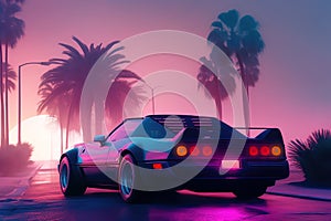 Illustration of an 80s Synthwave Neon cyberpunk supercar