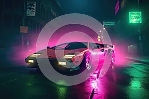 Illustration of an 80s Synthwave Neon cyberpunk supercar in a futuristic cityscape