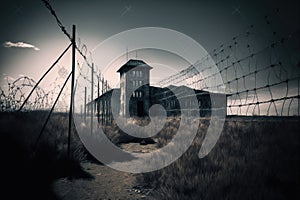 Illustration of an abandoned concentration camp with stormy skies