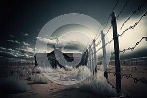 Illustration of an abandoned concentration camp with stormy skies